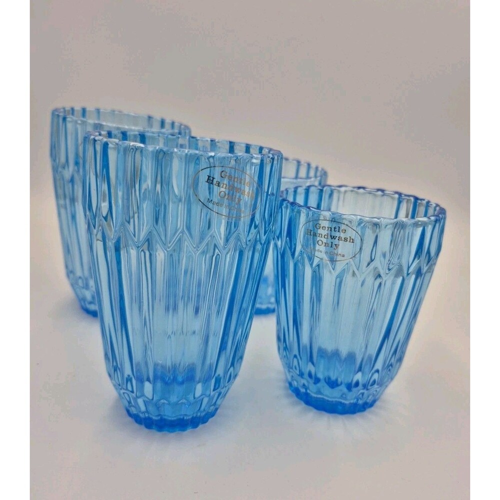 Crate & Barrel Set Of 4Glasses Tumblers Vibrant Blue Shabby Chic Two Sizes 5" 4"